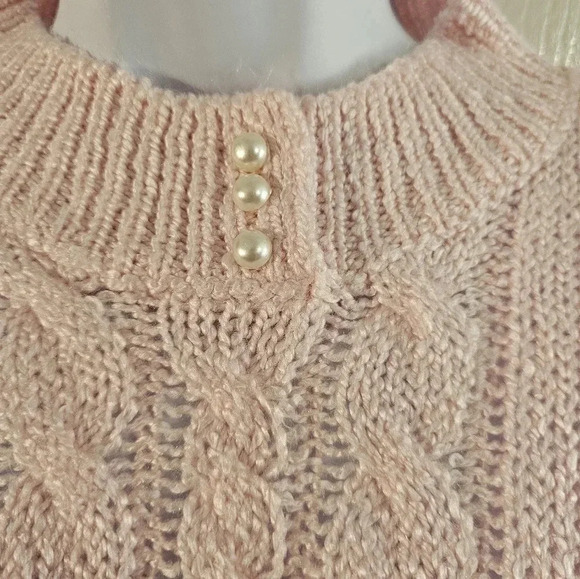Sterling Harris Pink Cable Knit Sweater M 80s Vintage Mock Neck Pearl Button - Picture 3 of 7